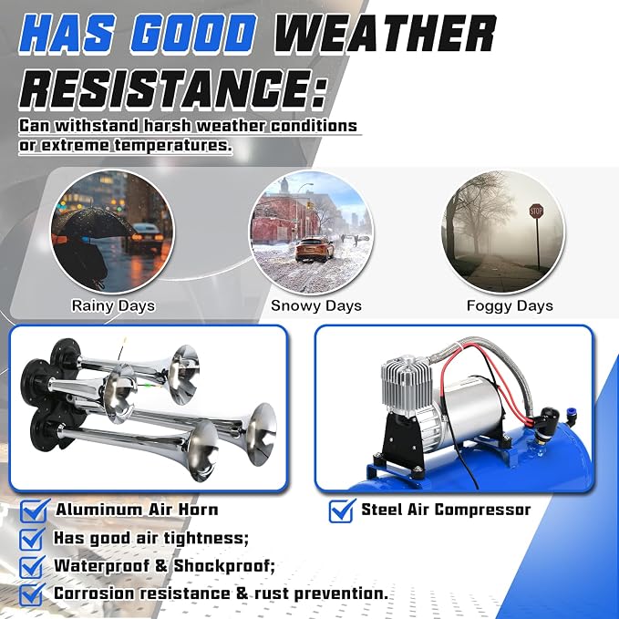 PTNHZ 150DB Train Horns Kit 12V 150PSI Air Compressor Tank Pump w/6 Liter 1.6 Gallon Tank + Super Loud Sliver 4 Double Row Trumpet For Train Truck Boat Pickup Motorhome