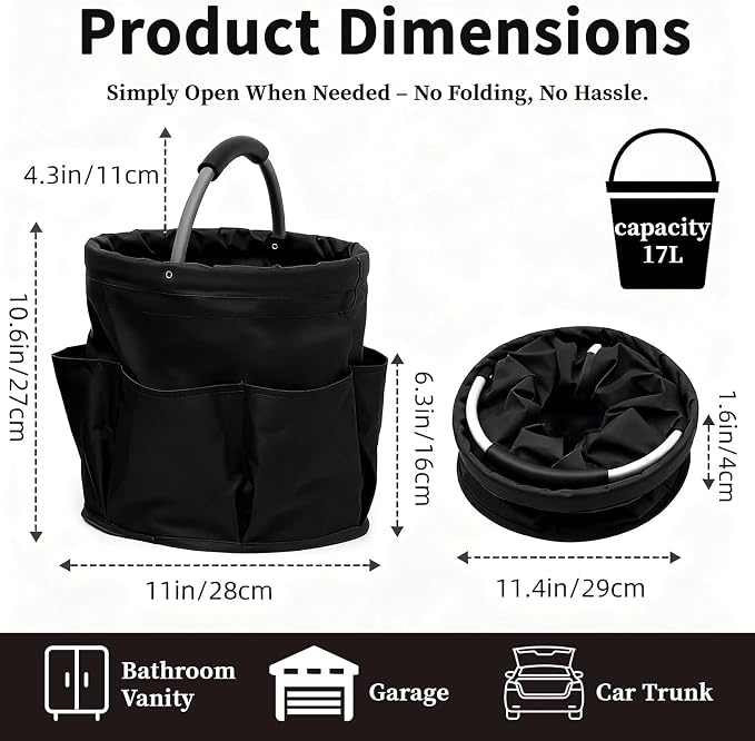 JINGYAN 17L Large Collapsible Folding Cleaning Caddy with Handle & 6 Side Pockets – Portable Waterproof Bucket Tote for Cleaning Supplies, Housekeeping, Laundry, Bathroom & Outdoor Storage