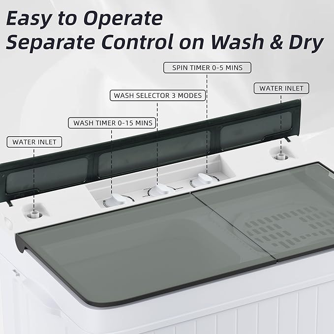 Elevon Portable Washing Machine Twin Tub 18.7 Lbs Capacity, (14.3 Lbs) and Spinner(4.4 Lbs) Combo Mini Compact Laundry Washer for Home, Apartment, Camping, RVs and Dorms, Black/White