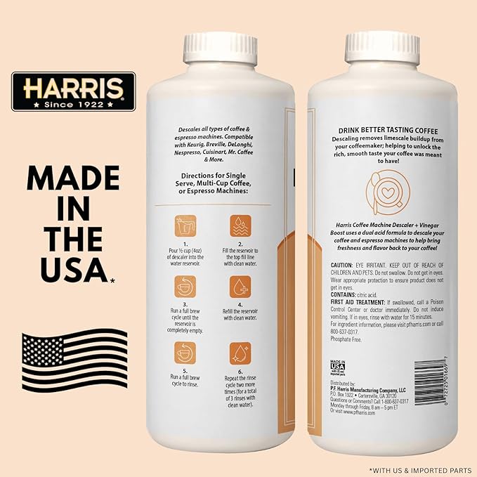 HARRIS Coffee Machine Descaler Descaling Solution, 32 fl oz (2 Pack, 8 Uses Each), Compatible with Keurig, Nespresso, Breville, DeLonghi, Jura & Ninja Coffee and Espresso Makers