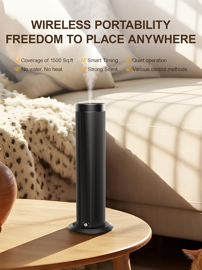 Waterless Scent Diffuser for Large Room up to 1500 Sq Ft - Cold Air Essential Oil Diffuser with App Timer & ≤25dB Quiet, for Home Bedroom Office Hotel Spa, Black (Oils Not Included)
