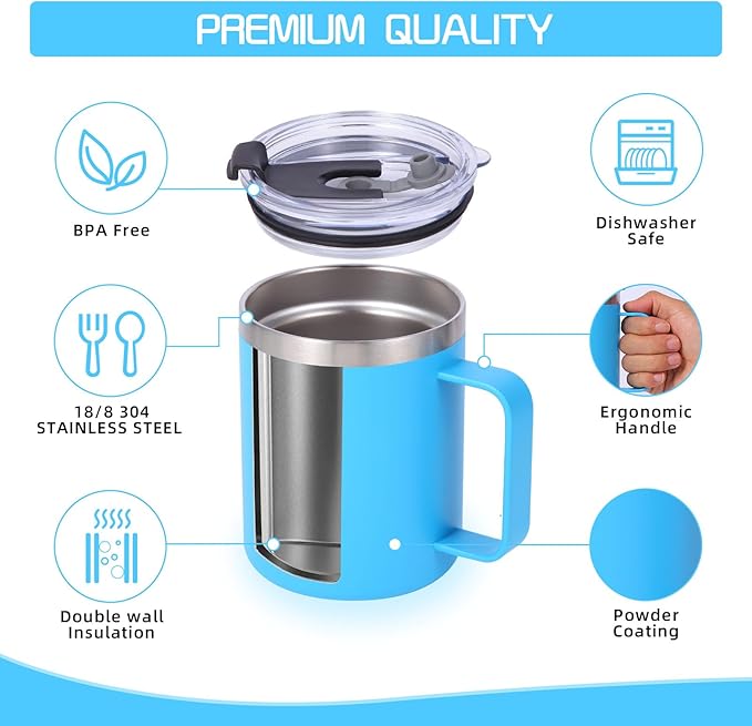 Volhoply 12oz Insulated Leakproof Coffee Mug with Flip & Straw Lid Bulk 2 Pack,Double Wall Vacuum Stainless Steel Travel Tumbler Cup with Handle,Reusable Camping Mugs Keep Cold/Hot(Blue,2 Set)