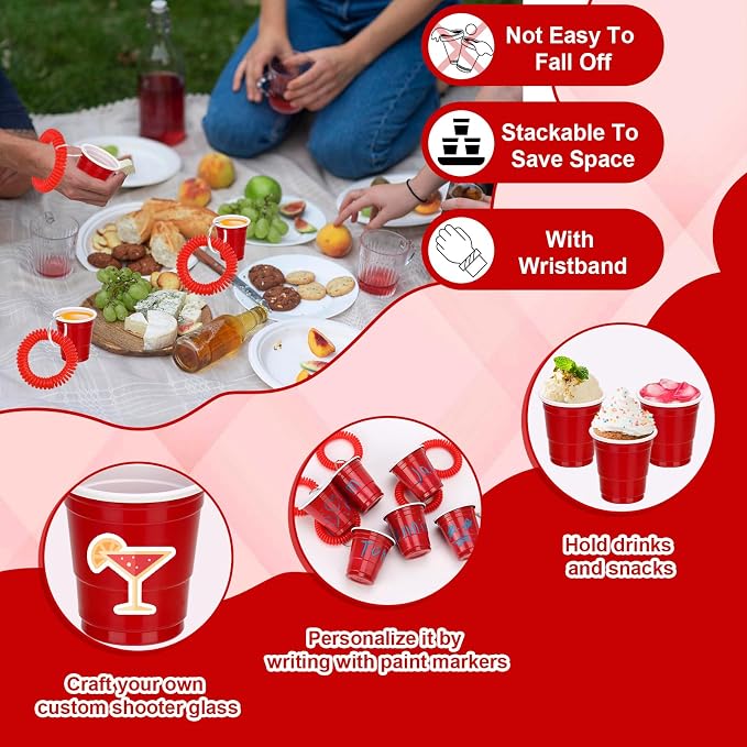 30 Pcs Red Shot Cups with Wristband for Party 2oz Plastic Shot Glasses Bulk Disposable Mini Shot Glasses with Bracelet Wear On Solo Cups for Valentine Carnivals Weddings Party Games Events Supplies