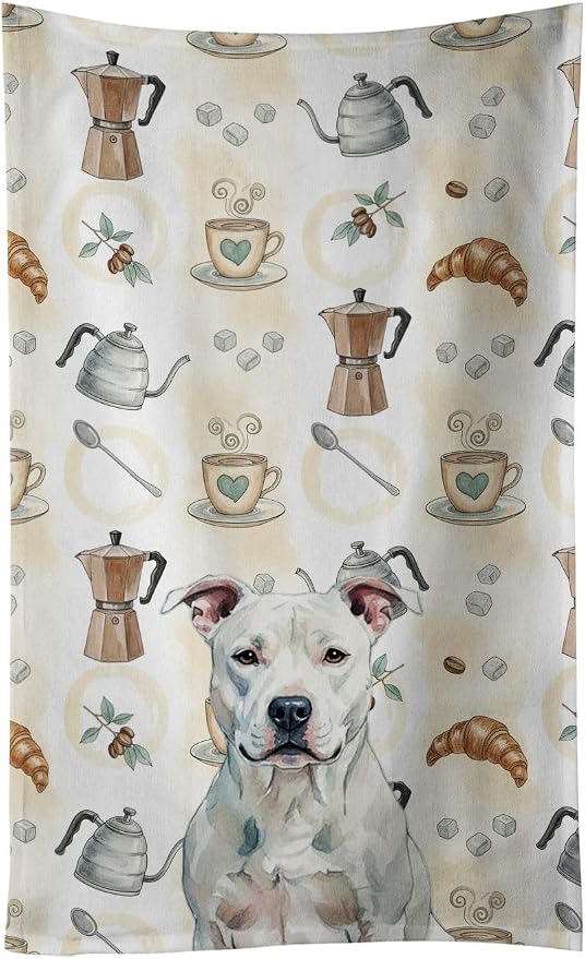 Caroline's Treasures White American Staffordshire Terrier Coffee Bar Kitchen Towel Velour Plush Front and Cotton Loop Back Machine Washable