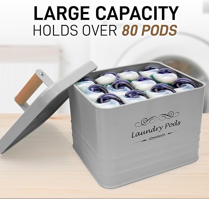 ELITAPRO Laundry Pods Holder - Modern Farmhouse Laundry Pods Container - Metal Detergent Pods Container with Lid for Laundry Room Decor and Accessories - Laundry Room Organization & Storage (Khaki)