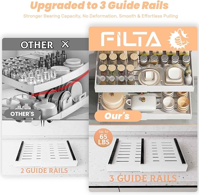 FILTA 2Pack Expandable Pull Out Cabinet Organizer, 21" Deep Slide Out Drawers for Kitchen Cabinets, Heavy Duty Roll Out Shelves with 3-Rail Silent Glide, No-Drill Adhesive or Screw Install, White