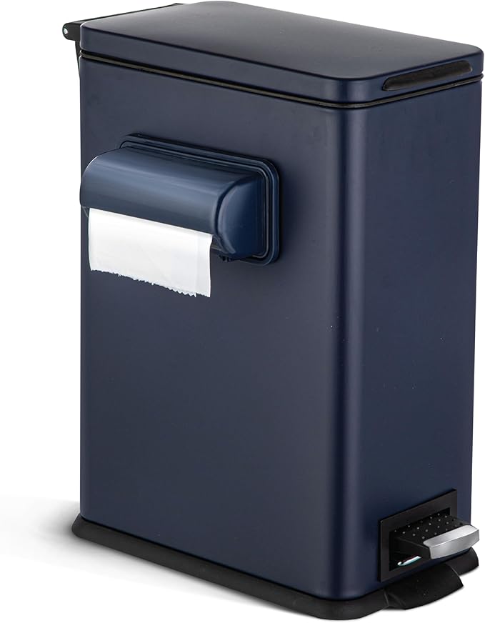 Home Zone Living 3 Gallon Slim Rectangular Dog Waste Trash Can with Bag Holder, Stainless Steel, Matte Navy