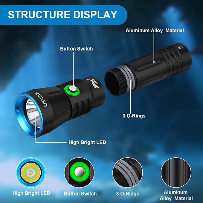 Dive Light Scuba Diving Flashlight Dive Torch Rechargeable,3500Lumens 6 Modes Underwater Light,IPX8 Waterproof Flashlight, Safety Dive Lights with Power Indicator for Night Diving
