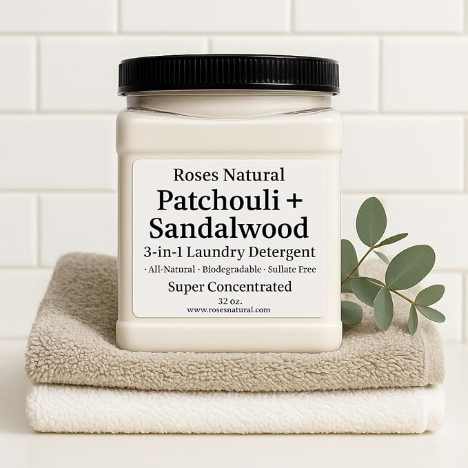 Patchouli + Sandalwood 3-in-1 Laundry Detergent Powder, 32 oz – Cleans, Softens & Removes Stains – Super Concentrated, All-Natural, Sulfate-Free, HE Compatible, Made in the USA