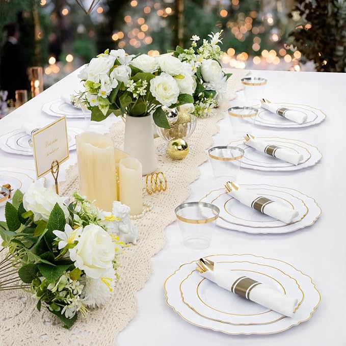 Liacere 350PCS Gold Plastic Plates-Disposable White and Gold Plates 50guest Baroque Plastic Dinnerware include 100Plates, 50Pack Pre Rolled Napkins with Silverware 50Cups for Wedding & Party