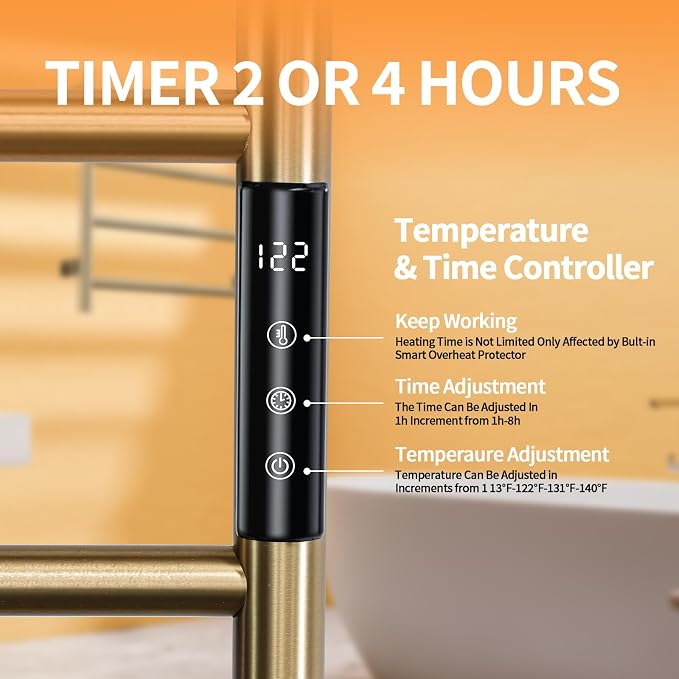 Heated Towel Rack, 4 Bar Wall Mounted Towel Warmer with Timer, Plug in/Hardwired Towel Dryer for Bathroom, Gold
