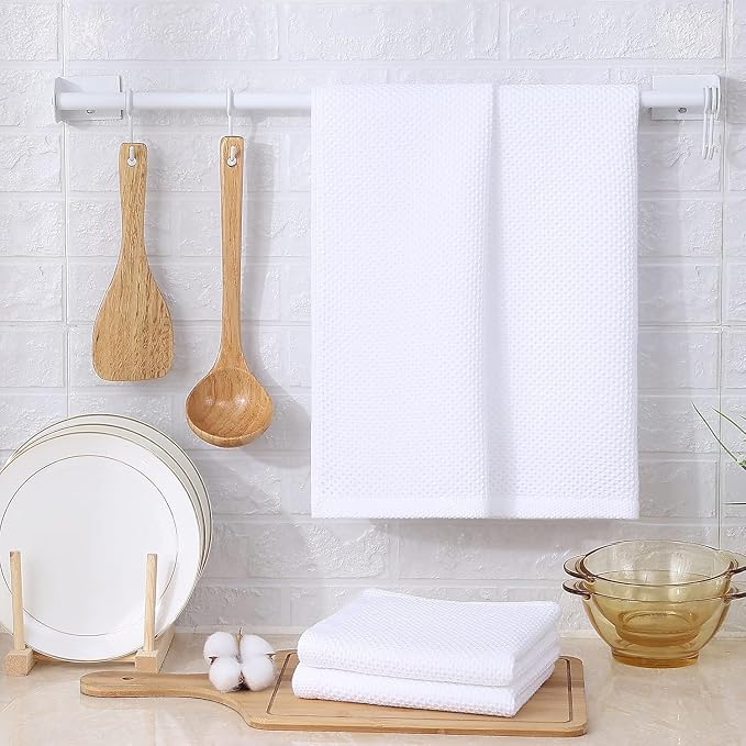 Kitinjoy 100% Cotton Waffle Weave Kitchen Hand Towels (13 X 28 Inches, White), 12-Pack Super Soft and Absorbent Dish Towel for Drying Dishes