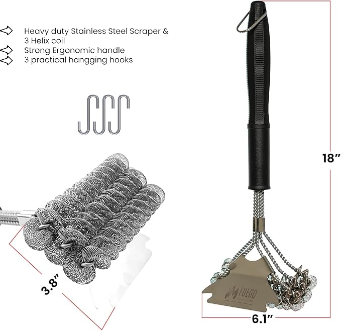 Fuego Grill Brush and Scraper Bristle Free - 17” Safe BBQ Brush for Gas/Charcoal/Weber Grills - Stainless Steel Triple Helix Grill Cleaner - Quality Grill Accessories for Dad