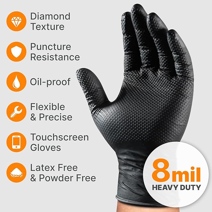 Disposable 5 & 8 Mil Black Nitrile Gloves S-XL – Heavy Duty Latex & Powder-Free – Textured, Chemical-Resistant