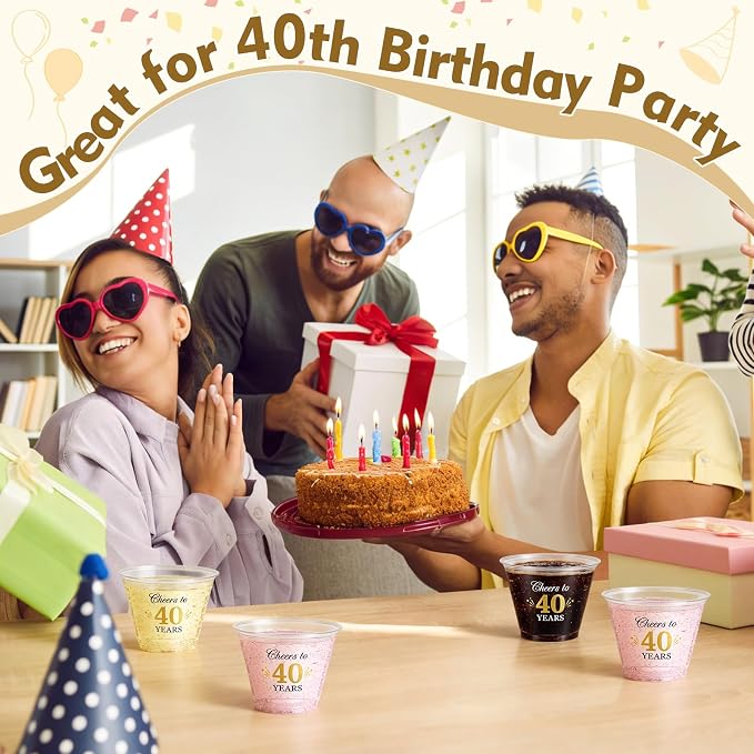 LemonRoad 100 Pack 40th Birthday Cup 9 oz Cheers to 40 Years Birthday Disposable Clear Plastic Cocktail Cups Hot Cold Beverage Drinks for Men Women Wedding Anniversary Decorations Party Favors
