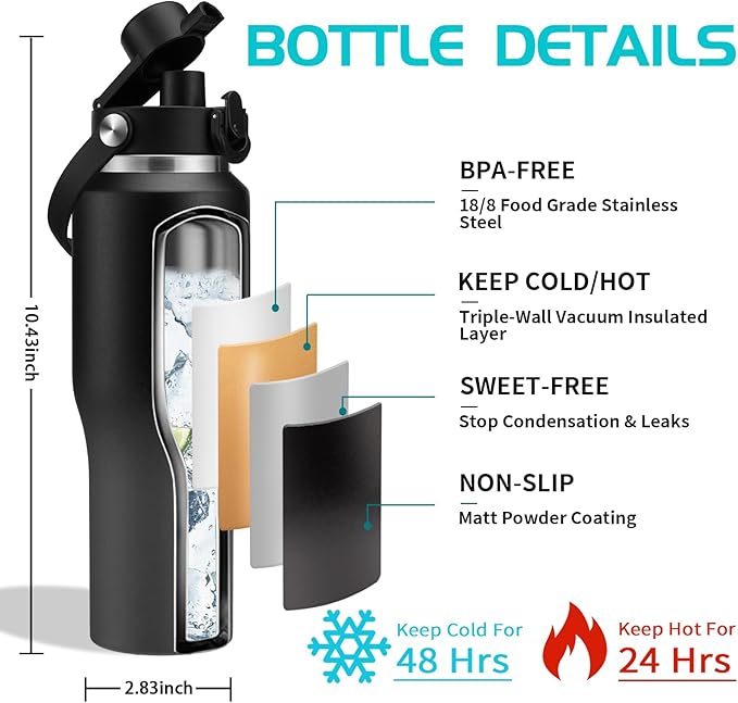 Metal Water Bottle fits-in Cup Holder 32oz, Stainless Steel Vacuum Flask with Straw & Pop-up Chug Lid, Leak Proof Wide Mouth Thermo Keep Cold-48h & Hot-24 for Women Men