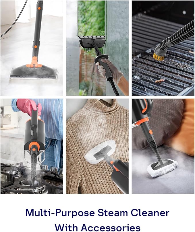 Steam Mop Cleaner with Detachable Handheld Steamer, 20 in 1 Wired Steam Cleaner with Multiple Accessories, Detachable Water Tank, Microfiber Pads for Floor Tiles Carpet and Grout Cleaning (Grey)