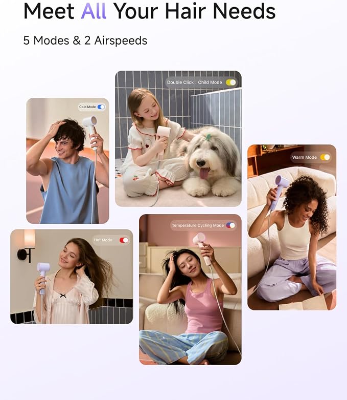 Laifen Air Hair Dryer, Lightweight and Palm-Sized Compact, 15× High-Speed Drying with 110, 000 RPM Powerful Motor, Smart Temperature Control, 200 Million Negative Ions, 5 Modes & 2 Airspeeds, Pink