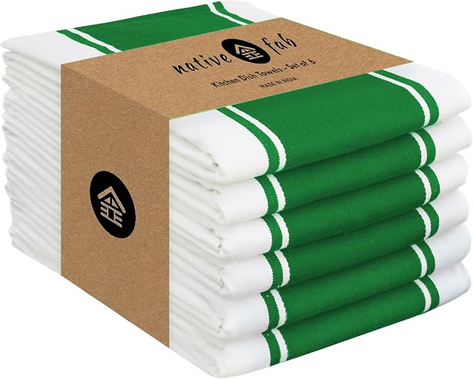 Native Fab Green Kitchen Towels 18 x 28 Inch, 6 Pack, Wide Stripe, Super Absorbent, Fast Dry, Soft, Cotton Dish Towels for Wiping Hands, Drying Dishes, Counter Cleaning Dish Cloth Set - Green