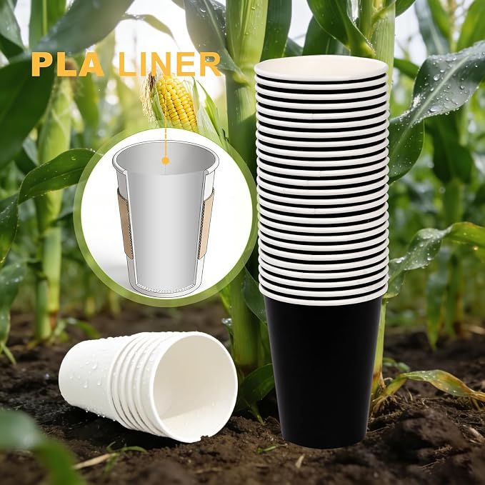 100 Pack 12 oz Disposable Coffee Cups with Lids and Sleeves, Leak-Proof To Go Coffee Cups, PLA Black Paper Coffee Cups for Hot Beverage