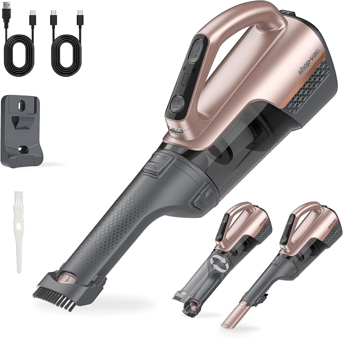 Shop-Vac S4 20V Handheld Vacuum Cordless with Brushless Motor, Rotatable Nozzle, Dual-Speed Powerful 16000 Pa Suction Portable Vacuum for Home & Pet Hair, Wall-Mounted, LED Light, Champagne Gold