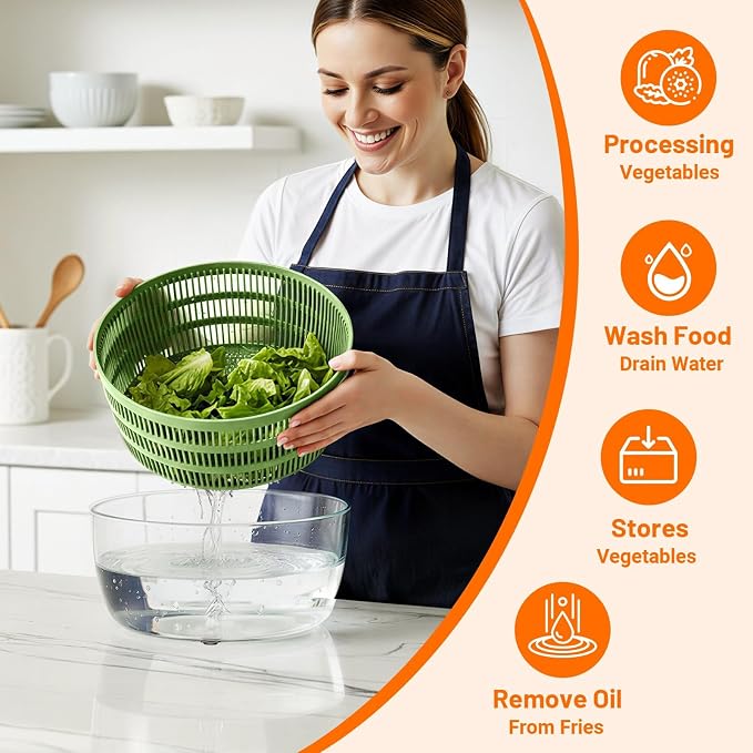 HomeHacks Salad Spinner Large Lettuce Spinner, Large Fruit Cleaner with Double Drainage Holes, 5 Chopping Blades, High Efficiency for Kitchen Washing & Drying Leafy Vegetables, Easy Press (Green)