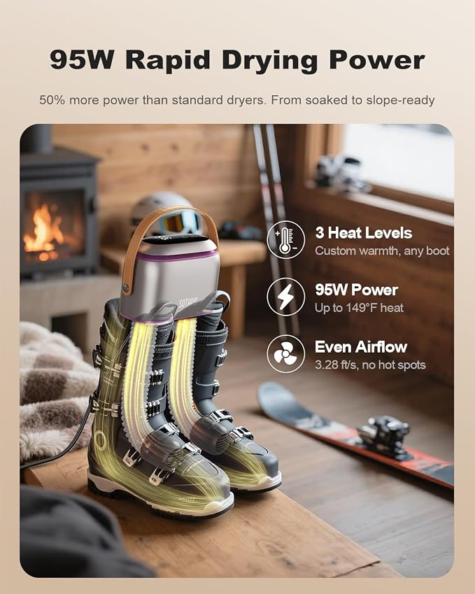 SOTHING Boot Dryer for Work Boots and Ski Boots with Ozone Odor Freshening, Portable Shoe Dryer & Glove Dryer with 11.81-Inch Extendable Hoses, 3 Heat Levels, 1–9H Timer for Sneakers and Rain Boots