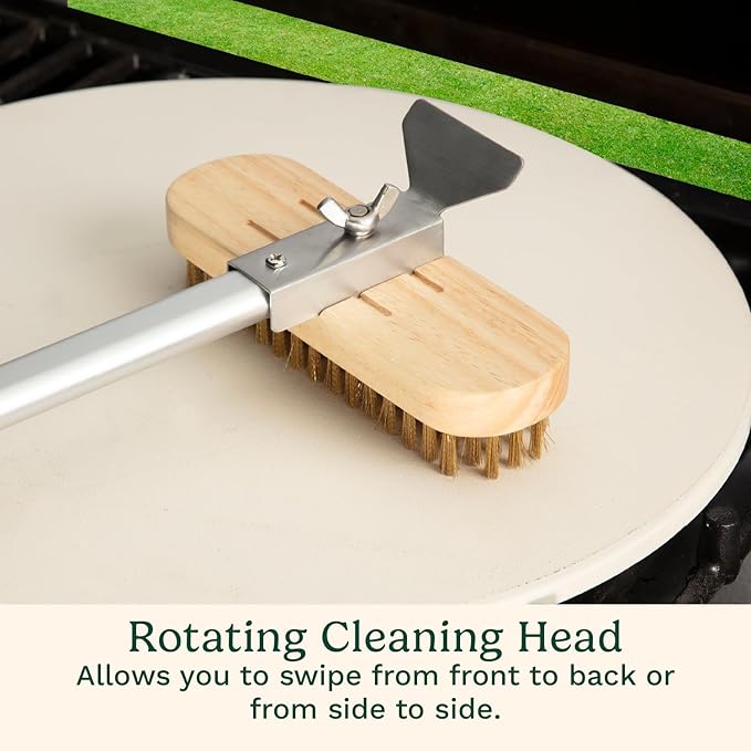 Cuisinart 24” Pizza Stone Cleaning Brush with Rotating Head and Brass Bristles for Easy Cleaning, Lightweight and Durable Long Handle Brush and Scraper for Stubborn Spots, Pizza Oven Accessory