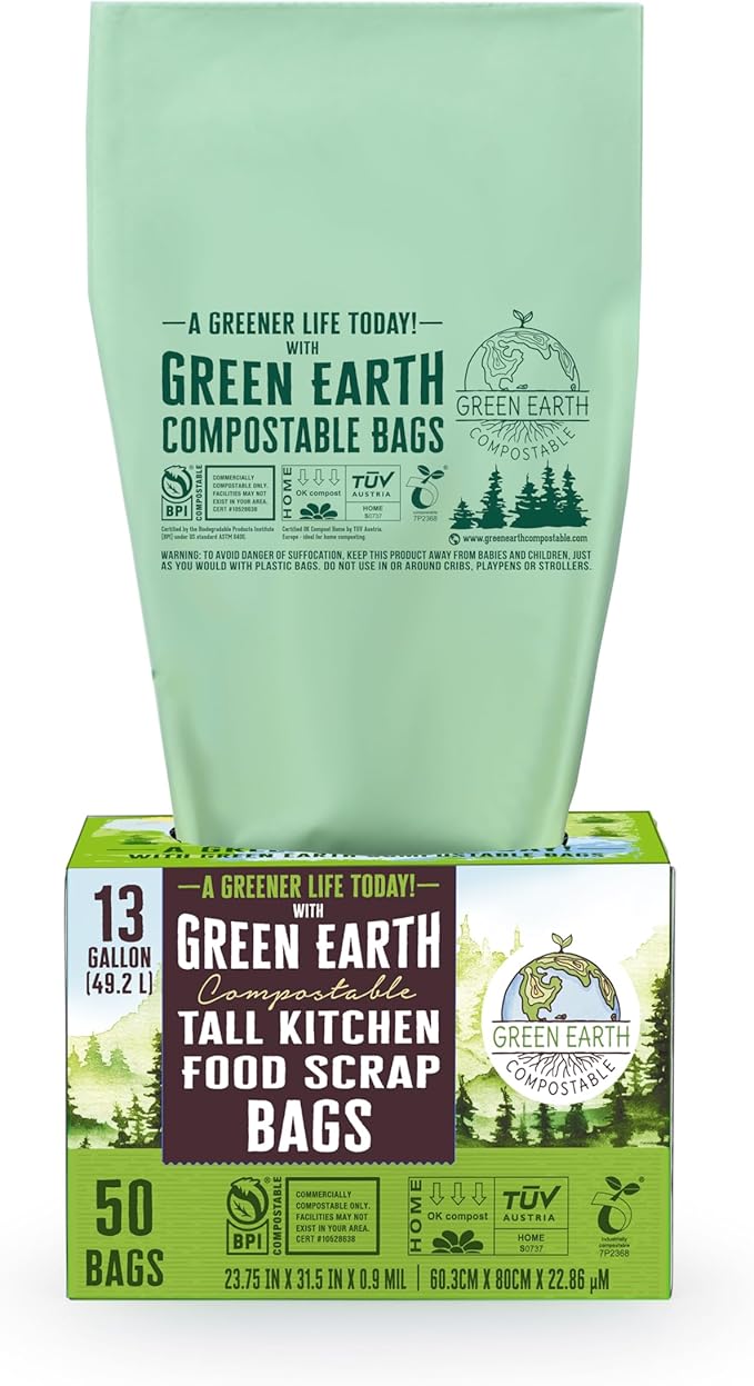 Green Earth Compostable Tall Kitchen Food Scrap Trash Bags, Compost Bin Compatible, 13 Gallon, 49 Liter, 100-Count, Superior Strength 0.9 Mil, ASTM D6400, BPI (US) & OK Compost Home (EU) Certified