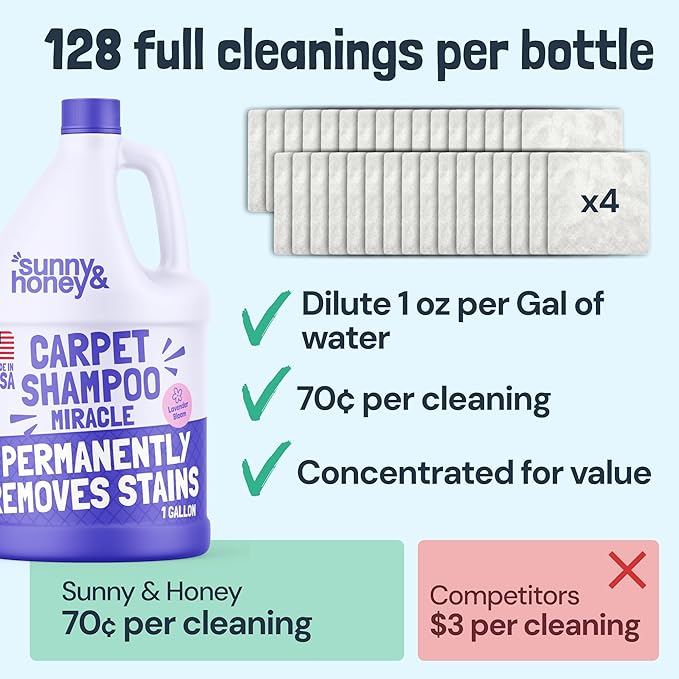 Sunny & Honey Heavy Duty Carpet Cleaner Solution for Machines - Powerful Stain and Surface Odor Eliminator For New and Deep-set Pet Messes - For Rugs, Couches and Upholstery (1 Gallon, Lavender)
