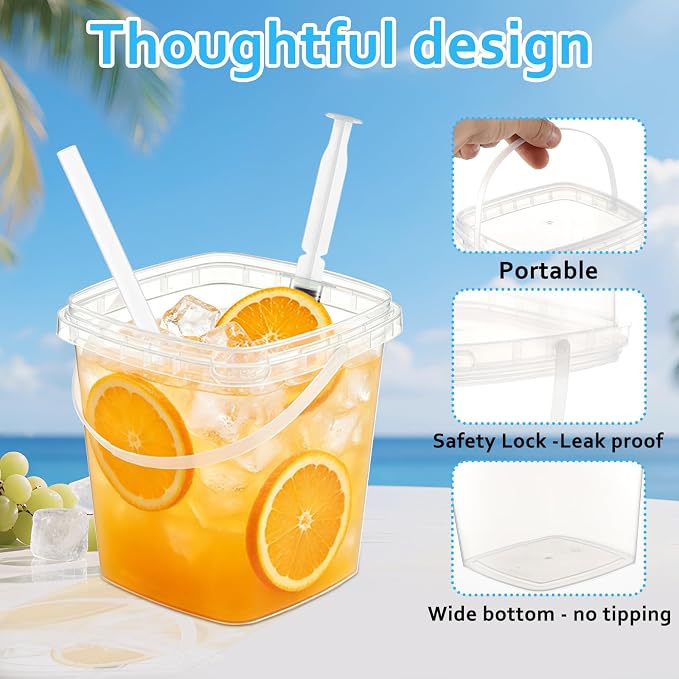 50 Sets Clear Plastic Drink Buckets with Lids Straws Syringes and Handles - 34 oz Disposable Rum Drink Buckets Punch Bowls for Wine Beer Cocktai Pool Beach Party Supplies