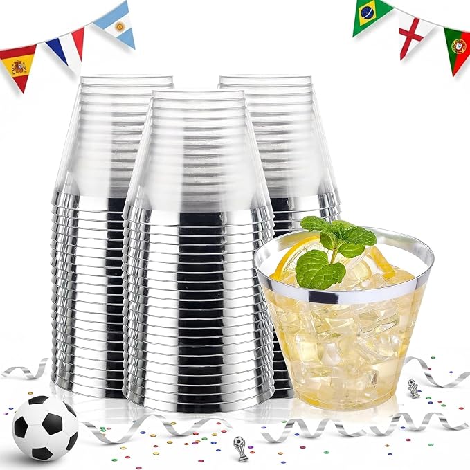 I00000 200pcs Silver Disposable Plastic Cups 9 oz Clear Plastic Cups Old Fashioned Tumblers Silver Rim Cup Disposable Party Cup Elegant Silver Wine Glasses Cocktail Cup