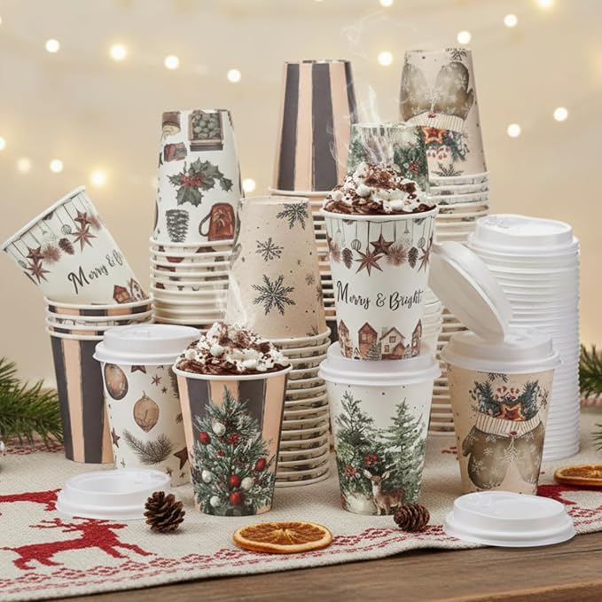 Gerrii 100 Set Christmas Paper Cups Disposable 12 oz with Lids Hot Chocolate Coffee Cups for Hot and Cold Drinks Tea Water Bar Supplies Holiday Winter Season(Cozy Winter)