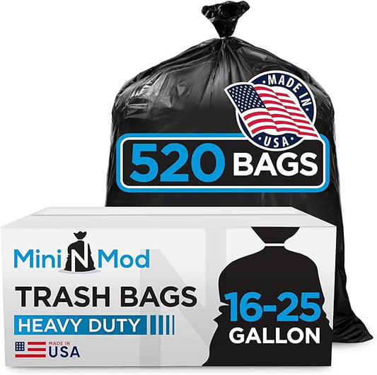 16-25 Gallon Trash Bags – Bulk 520 Count – Medium-Large Black Garbage Bags, One Size Fits 16, 20, 25 Gal Trash Can Liners for Bathroom, Kitchen, Home, Office & Commercial – Tear-Off Roll