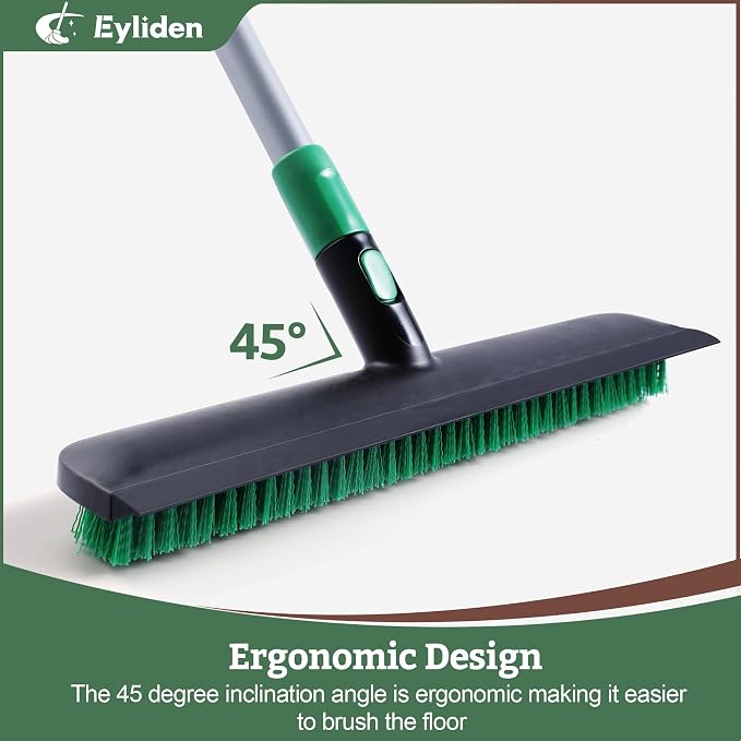 Eyliden Floor Scrub Brush, 15-inch Wide, 55" Long Handle Deck Brush | 2-in-1 Stiff Bristles and Rubber Squeegee, 45° Angle Head, Telescoping Handle, for Bathroom Shower Kitchen Patio Garage