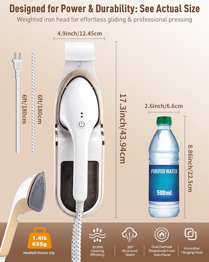 3-in-1 Steamer for Clothes, 1500W Leak-Proof, 330ml | 1500W, 30s Fast Heat-Up. Includes Heat-Resistant Glove & Brush. For Home & Closet Use. 120V.