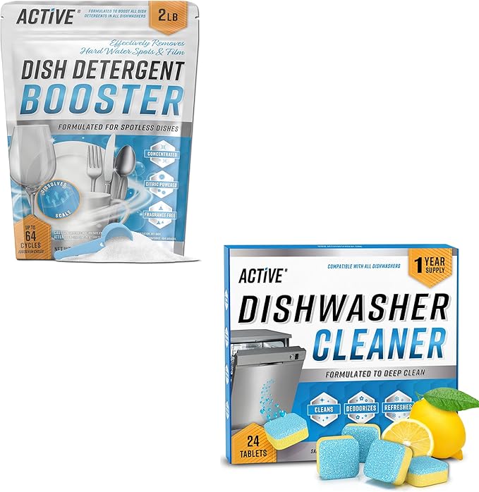 ACTIVE Dishwasher Detergent Booster and Dishwasher Cleaner Tablets - Includes 32oz Dish Detergent Boosting Powder and 24ct Dishwasher Cleaning Tabs