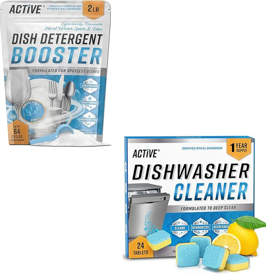 ACTIVE Dishwasher Detergent Booster and Dishwasher Cleaner Tablets - Includes 32oz Dish Detergent Boosting Powder and 24ct Dishwasher Cleaning Tabs