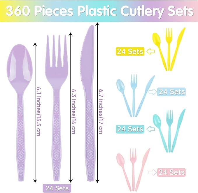 Kochorie 360 Pieces Pastel Plastic Cutlery Set Macaron Colors Disposable Plastic Utensils Colorful Heavy Duty Flatware Set Include 120 Knives 120 Forks 120 Spoons for Easter Birthday Tea Party Wedding