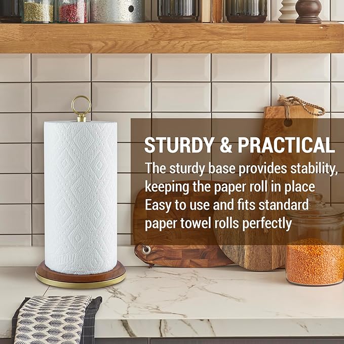 MyGift Premium Acacia Solid Wood Countertop Paper Towel Roll Dispenser Stand with Brass Tone Metal Spindle and Top Carrying Ring, Table Standing Holder for Disposable Kitchen Towels