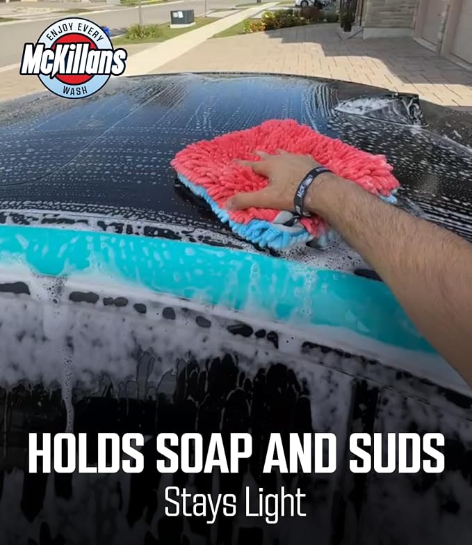 McKillans® Dual-Color Car Wash Pad - Pack of 2 - Scratch Free -10"x10" - Wrist Strap - Soft Chenille Microfiber Car Wash Sponge - Car Washing Washpad- Detailing, Car Cleaning Wash Rag (Pack of 2)
