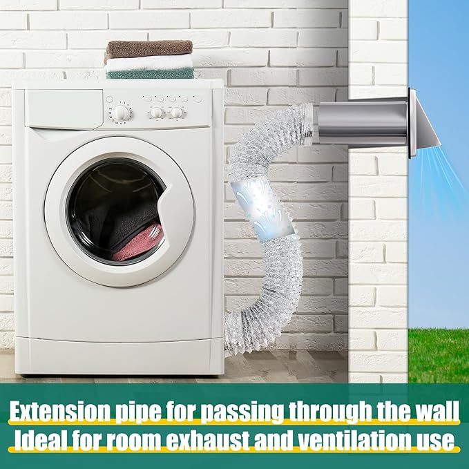 4 Inch Dryer Vent Cover Outside with Stainless Steel Guard Outdoor Wall Dryer Exhaust Vent Cover Shroud Hood Cushioned Non Return Flap with Sealing Gasket(square, with Extension Tube)