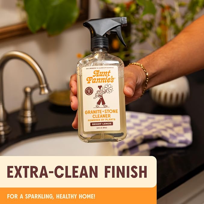 Aunt Fannie's Granite and Stone Cleaner, Plant Based Daily Countertop Spray for Granite, Stone, Marble, Soapstone, Quartz, Slate, Laminate, and other Sealed Stone, Bright Lemon Scent, Pack of 3
