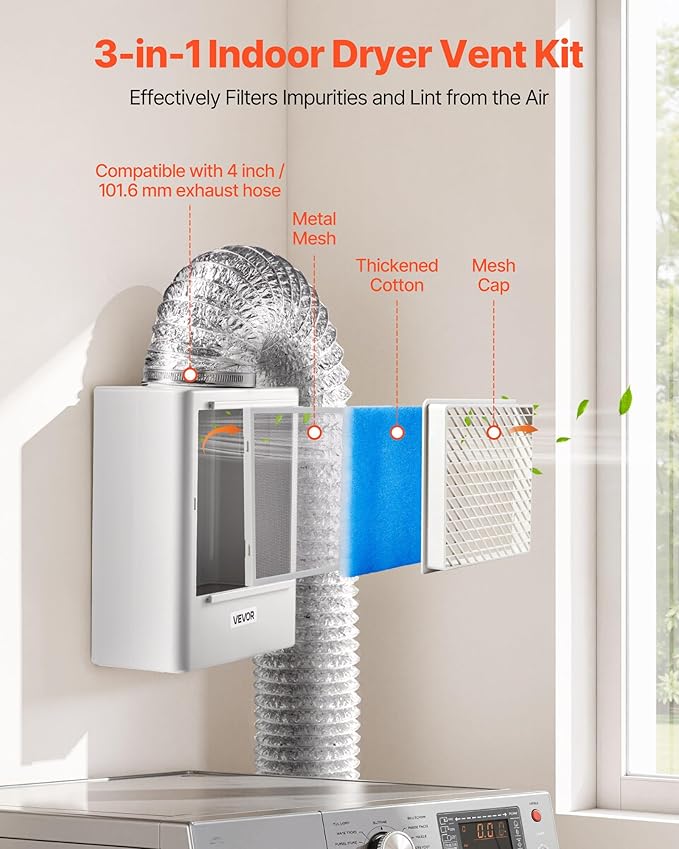 VEVOR 3-in-1 Indoor Dryer Vent Kit,Premium ABS Material Fits 4 inch Exhaust Port, Smart Overheating Reminder Exhaust Hood & Easy-to-Detach Mesh Cap & Multi-layer Purification with 4 Replacement Pads