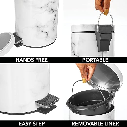 mDesign Extra Small Modern 3-Liter/.7 Gallon Round Metal Lidded Step Trash Can, Compact Garbage Bin with Removable Liner Bucket and Handle for Bathroom, Kitchen, Office, Garage - White Marble Print