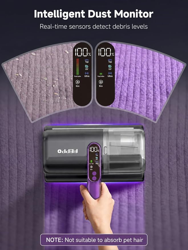 FEPPO Cordless Mattress Vacuum Cleaner, 18Kpa Bed Vacuum with 253.7nm UV-C Light, Ultrasonic, Dust Sensor & LED Display, 52800 BPM Handheld Vacuums for Bed, Sofa, Couch, Crib