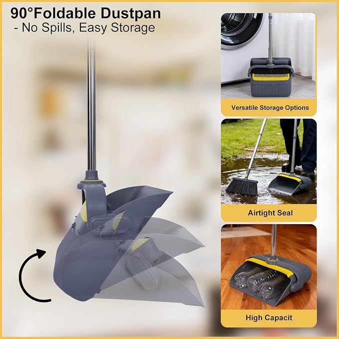 Ultimate Home Cleaning Bundle: Heavy Duty Upright Broom and Dustpan Set with Rotatable Head, 77.5" Extendable Window Squeegee Kit, 3-in-1 Microfiber Scrubber Floor Sweeper for RV, Kitchen, Car
