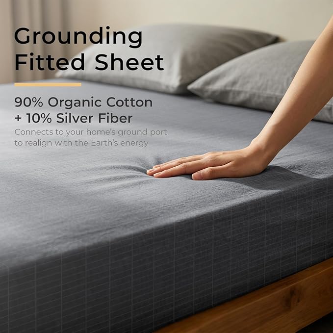 Grounding Sheets Twin XL 10% Silver Fiber Earth Connected Fitted Sheet Kit with Outlet Tester,Adapter,Cord，Wool Dryer Balls,Laundry Bag (39"x80"x15",Gray)