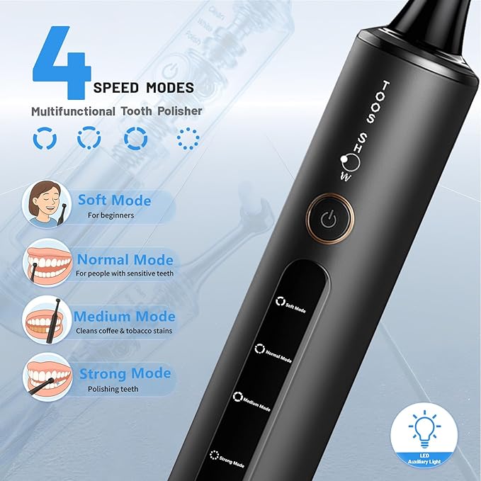 Tooth Polisher with Remineralization Gel, USB Rechargeable Teeth Whitening Kit for Cleaning and Whitening, 6 Polishing Pastes, 5 Brush Heads, LED Light, Travel Case, 4 Speeds, Easy at-Home Dental Care