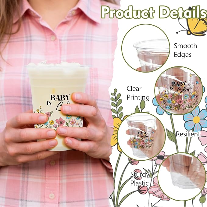 100Pcs Wildflower Baby Shower Plastic Party Cups, 12oz Wildflower Disposable Clear Cups for Baby Shower Party, Gender Reveal, Holiday Gatherings, Floral Theme Birthday Party Drinking Supplies